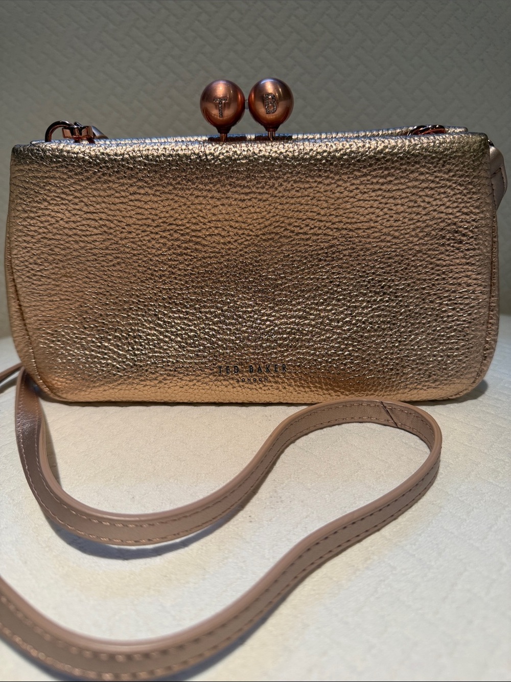 Ted Baker Chrina Metallic Rose Gold Pebbled Leather Crossbody